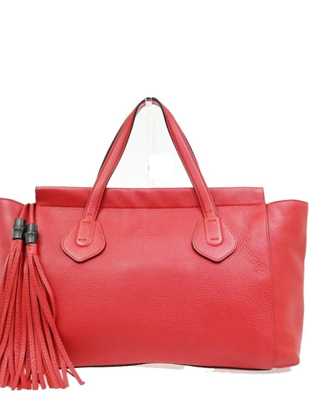 GUCCI Logo Bamboo Tassel Tote Hand Bag Leather Red GHW Italy 79KD598